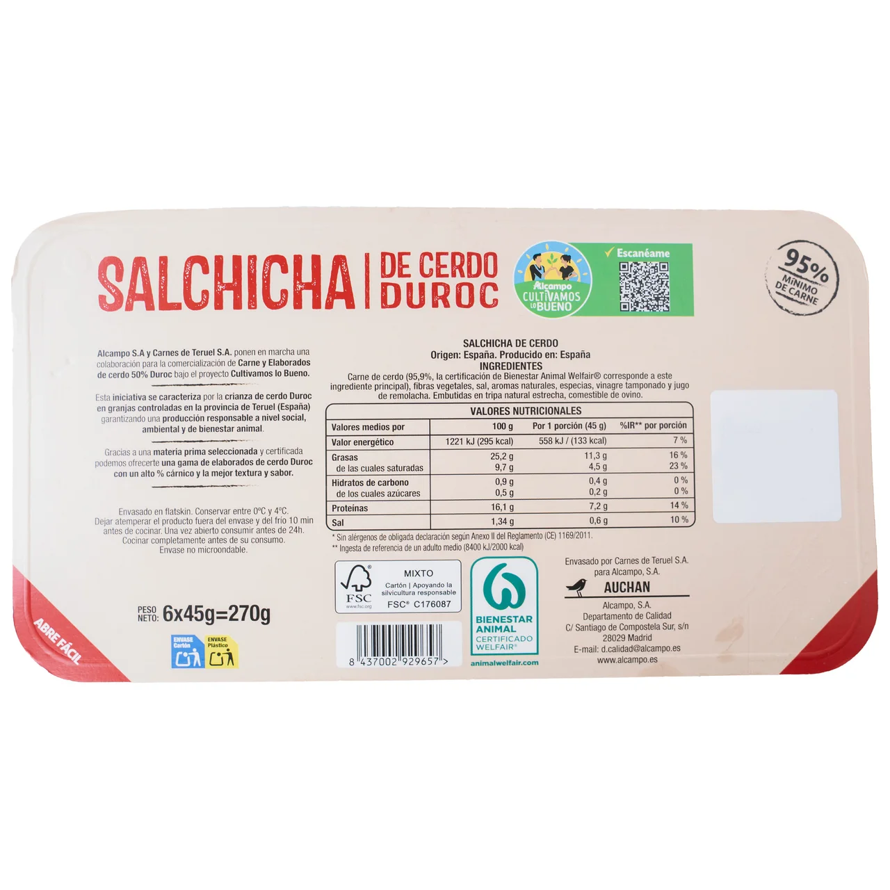 ALCAMPO CULTIVAMOS LO BUENO Salchichas cerdo duroc  270 g.
