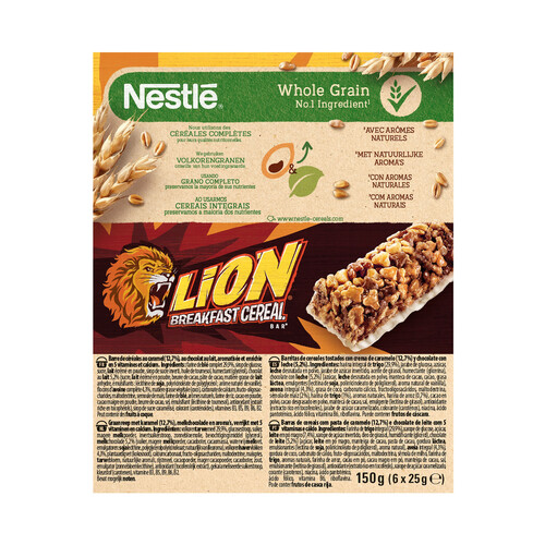 NESTLÉ Barritas de cereales con crema de caramelo y chocolate con leche NESTLÉ LION caja 6 uds. 150 g.