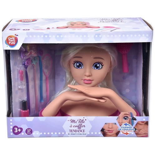 Busto Maquillaje Cambia de Color 29,5cm Cabeza de muñeca para pintar y peinar +3 Años ONE, TWO FUN