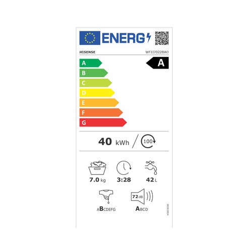 Lavadora HISENSE WF1I7022BWJ 7KG blanca, clasificación energética: A, 1200RPM, H: 84,5cm, A: 59,5cm, F: 43,5cm.