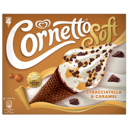 CORNETTO Soft de Frigo Conos de helado de vainilla, stracciatella y caramelo 4 x 140 ml.