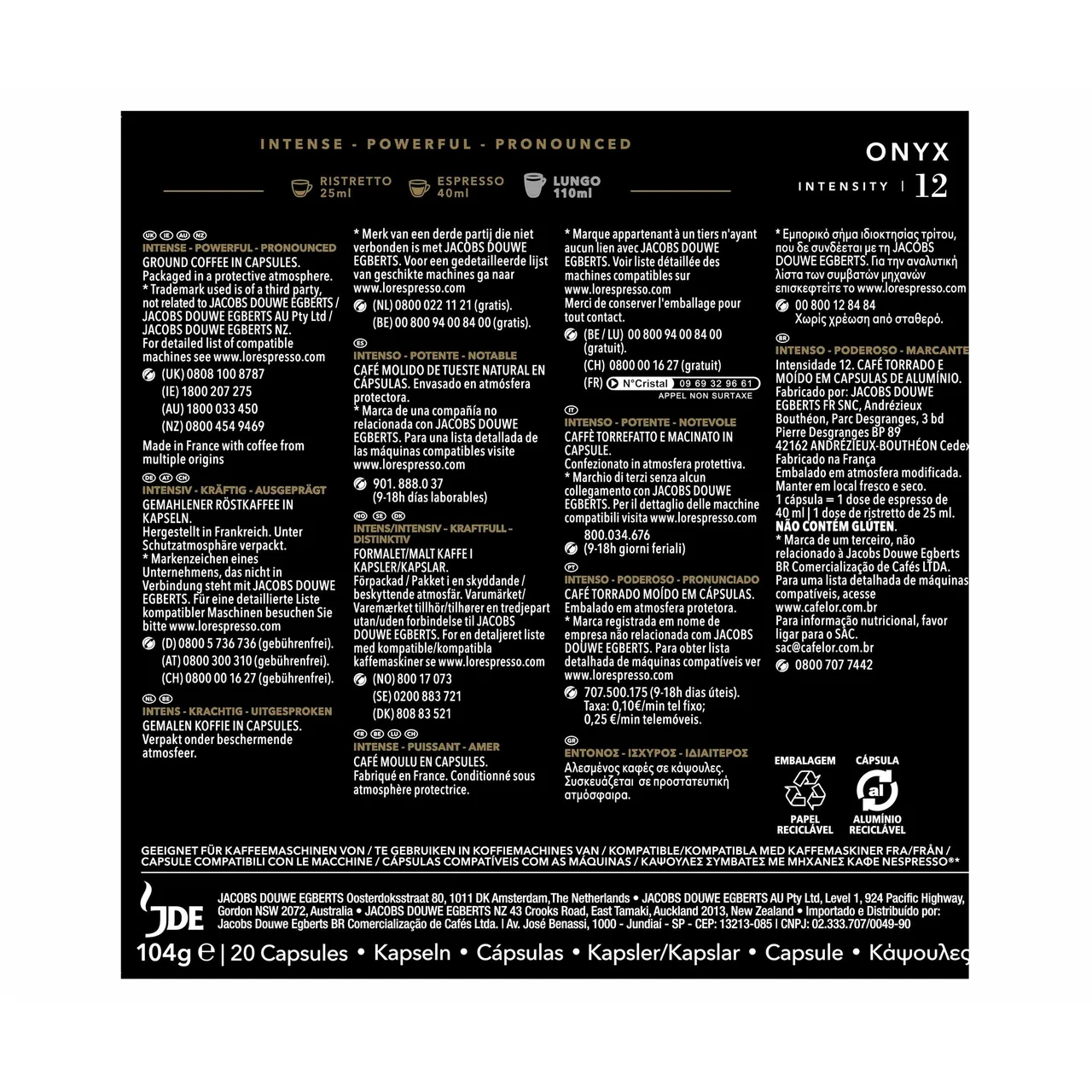 L"OR ESPRESSO Café en cápsulas Onyx I12, 20 uds.