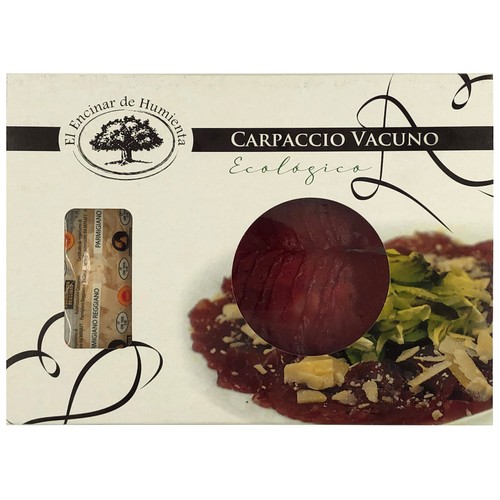 Carpaccio de vacuno ecológico, con lascas de queso Parmigiano Reggiano EL ENCINAR DE HUMIENTA 100 g.