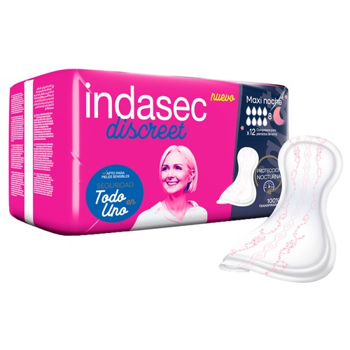 INDASEC Discreet Compresas maxi noche incontinencia, para pérdidas de orina moderadas a severas 12 uds.