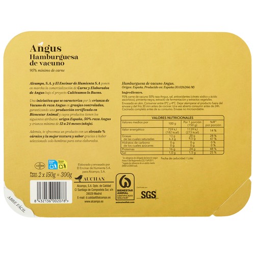 ALCAMPO CULTIVAMOS LO BUENO Hamburguesa de añojo Angus de origen nacional  2 x 150 g.