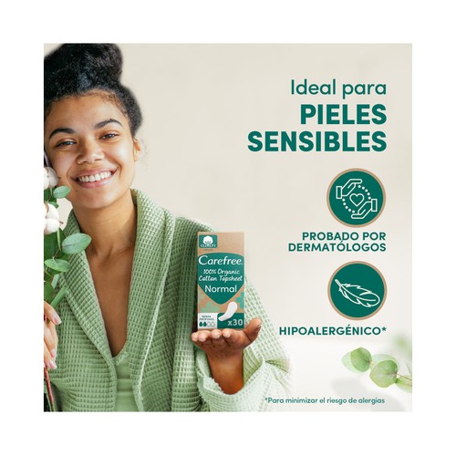 CAREFREE Cotton natural Protegeslip (salvaslips) normal, de algodón orgánico, hipoalergénicos y transpirables 30 uds.