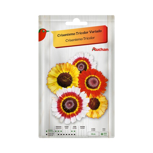 Sobre de semillas para plantar crisantemos de la variedad Tricolor de colores variados PRODUCTO ALCAMPO.