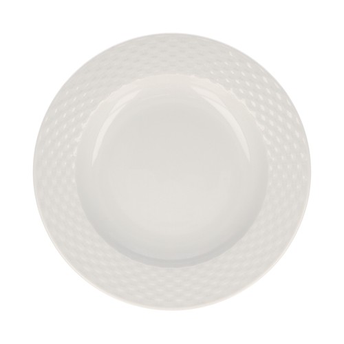 Plato hondo de 23 centímetros de diámetro, fabricado en porcelana con diseño trenzado en el ala EFG.