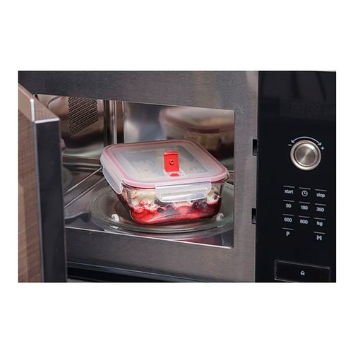 Hermético de vidrio rectangular con tapa de plástico color rojo, capacidad 1,5L., TATAY.