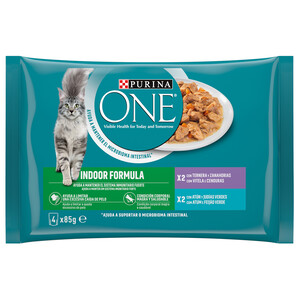 Imagen de PURINA One Comida para gatos con indoor formula a base de atún y judías verdes (2) o ternera y zanahorias (2) 4 x 85 g..