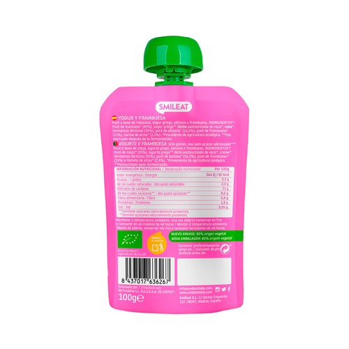 SMILEAT Bolsita de yogur y frambuesa ecológica, a partir de 9 meses 100 g.