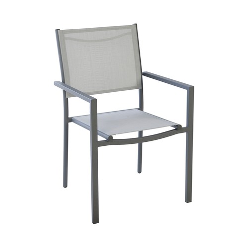 Silla de jardín apilable de acero con asiento y respaldo textil color gris, GARDEN STAR ALCAMPO.