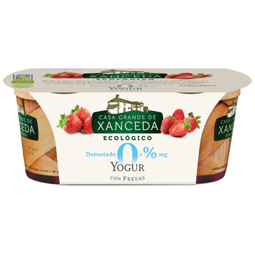 Yogur ecológico desnatado con fresas CASA GRANDE DE XANCEDA pack de 2 uds. de 125 g.