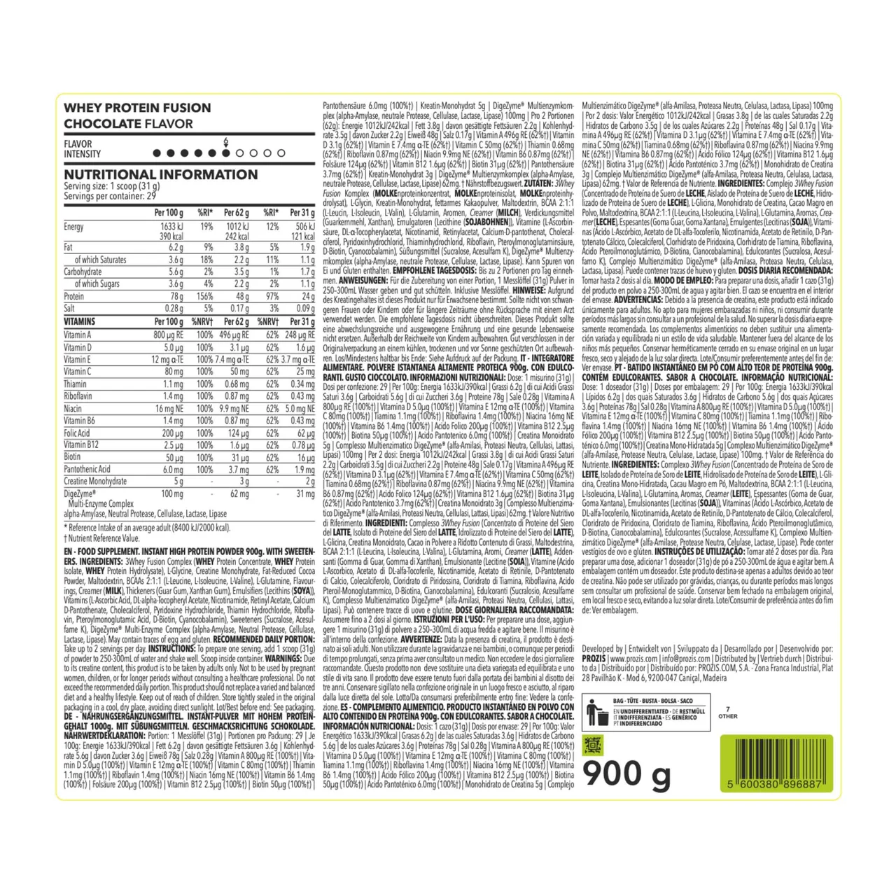 Proteína en polvo con sabor a chocolate 900 g.
