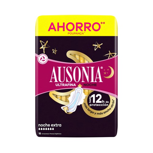AUSONIA Compresas ultrafinas de noche extra con alas 18 uds.