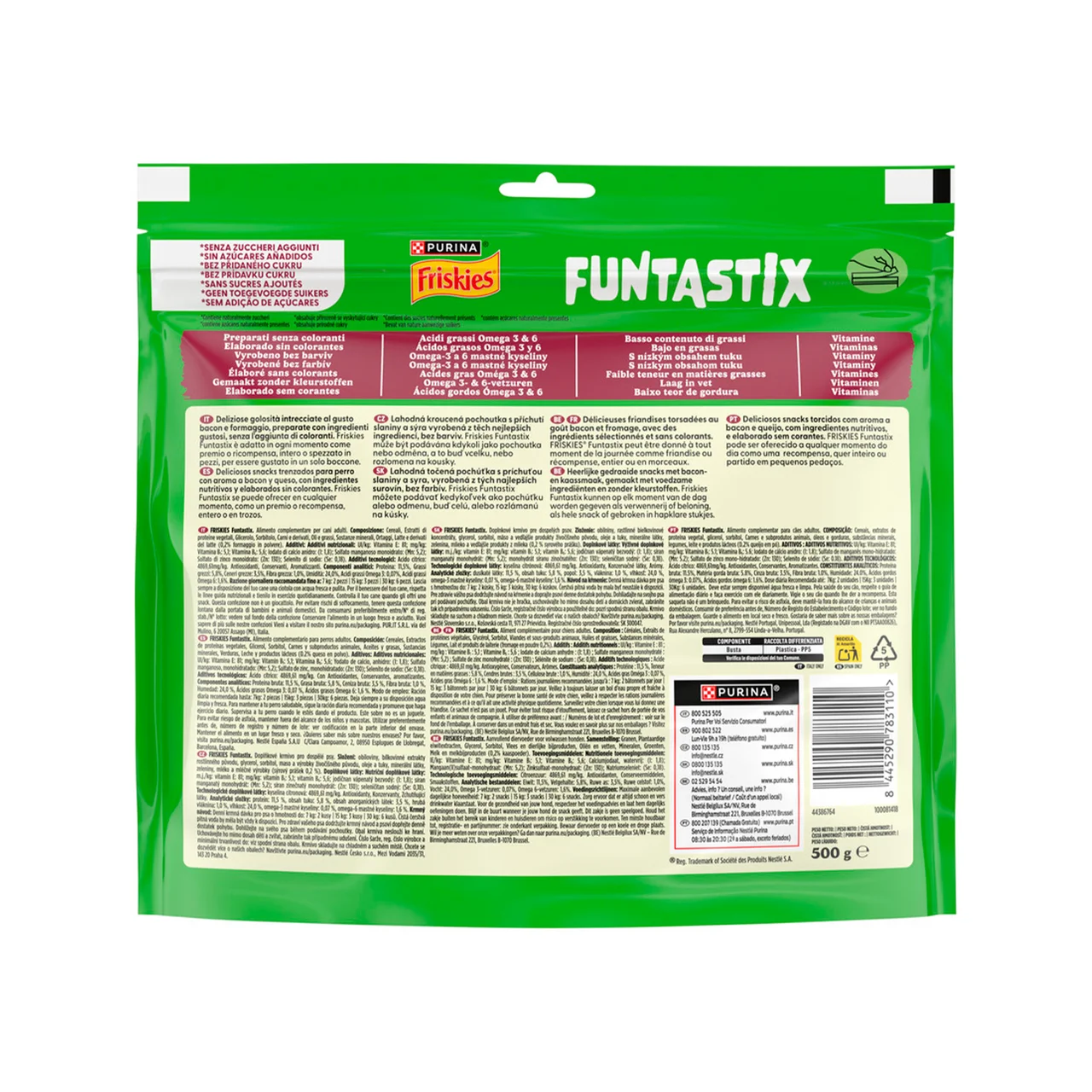 Friskies funtastix Snacks para perro con sabor a bacon y queso 500 g.