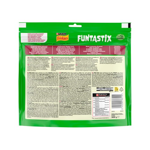 PURINA Friskies funtastix Snacks para perro con sabor a bacon y queso 500 g.
