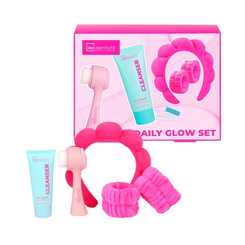 IDC INSTITUTE Estuche con limpiador facial (75 ml) + cepillo limpiador electrónico + diadema + 2 coleteros.