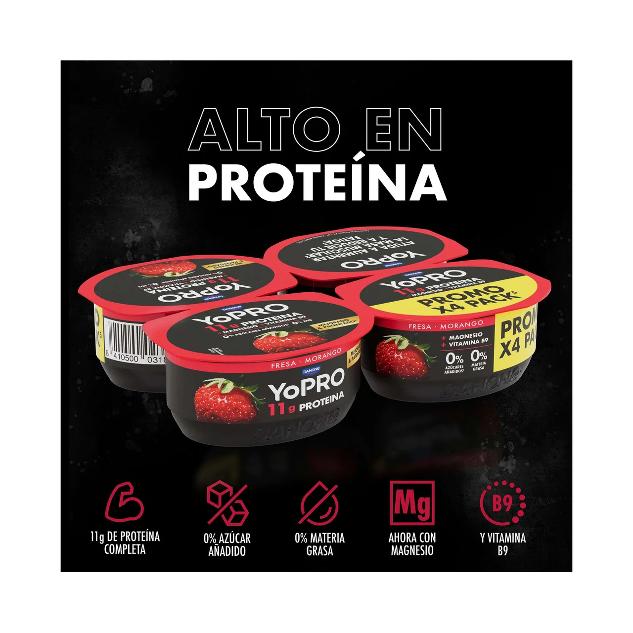 De Danone Leche fermentada desnatada con fresa y alto contenido en proteina 4 x 120 g.