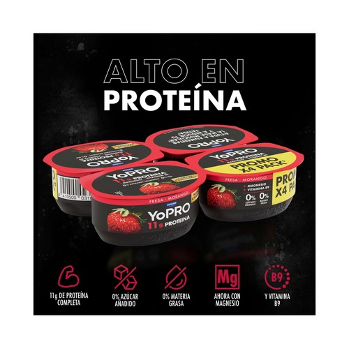 YOPRO de Danone Leche fermentada desnatada con fresa y alto contenido en proteina 4 x 120 g.