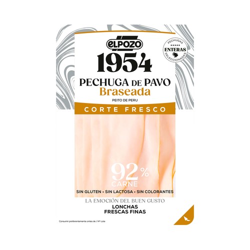 Pechuga de pavo braseada, sin lactosa y sin colorantes, cortada en finas lonchas EL POZO Corte fresco 1954 120 g.