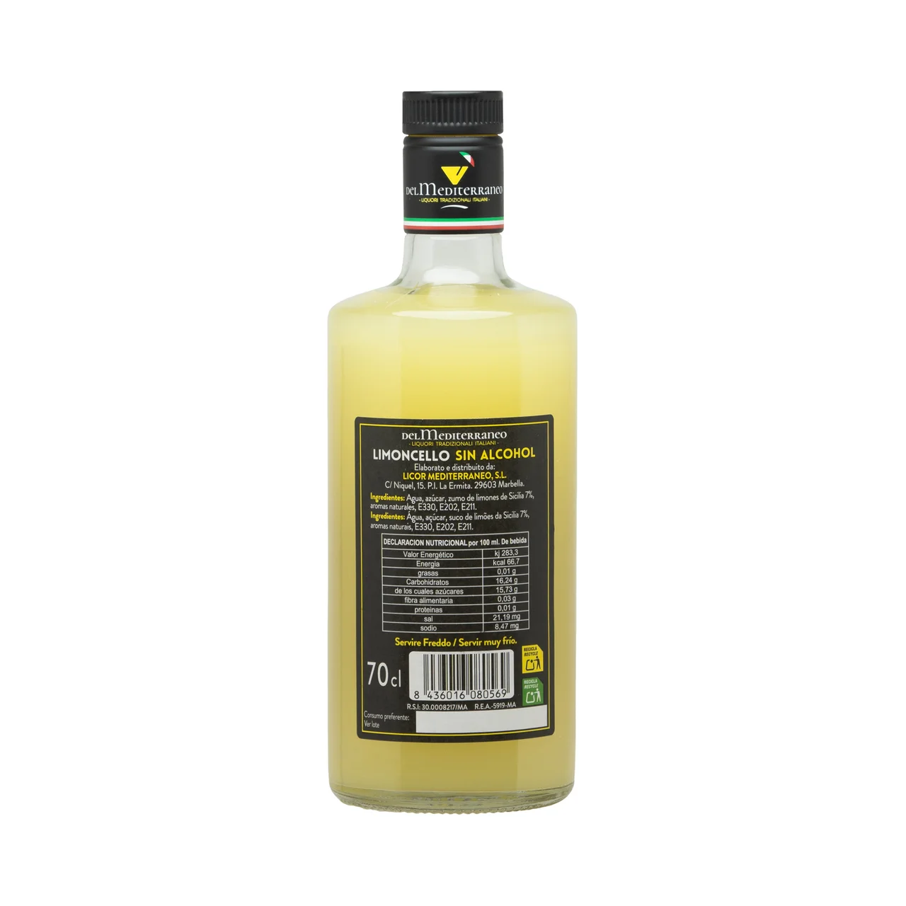 Limoncello (licor de limón) sin alcohol botella 70 cl.