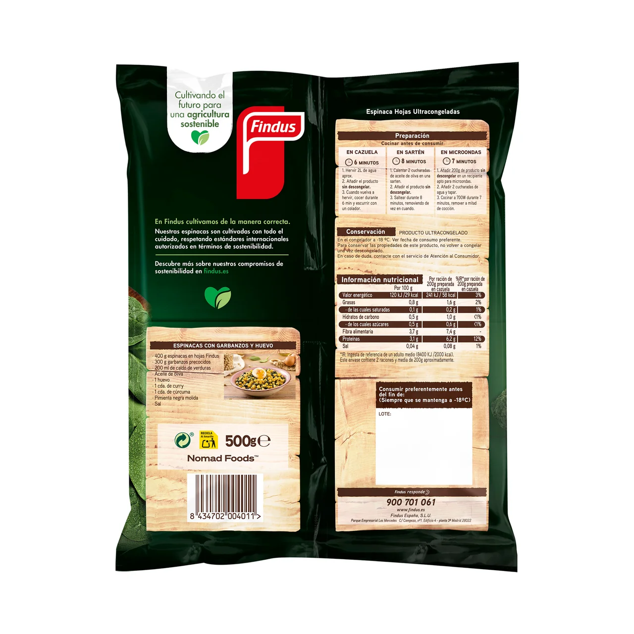 Espinacas (hojas tiernas y sabrosas) en porciones 500 g.