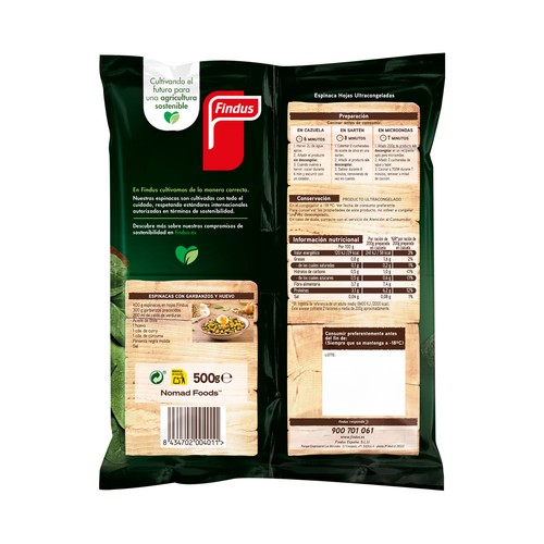 FINDUS Espinacas (hojas tiernas y sabrosas) en porciones 500 g.
