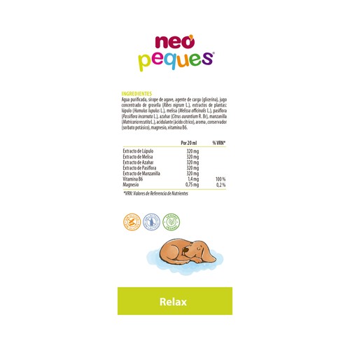 NEO PEQUES Relax Complemento alimenticio sabor grosella, que ayuda y favorece la concentración y relajación 150 ml.