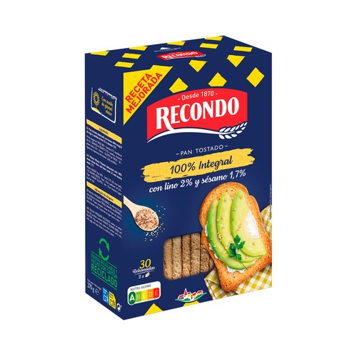 RECONDO Integral Pan tostado 100% integral, con un 2% de lino y 1.7% de sesamo, 30 rebanadas,  270 g.