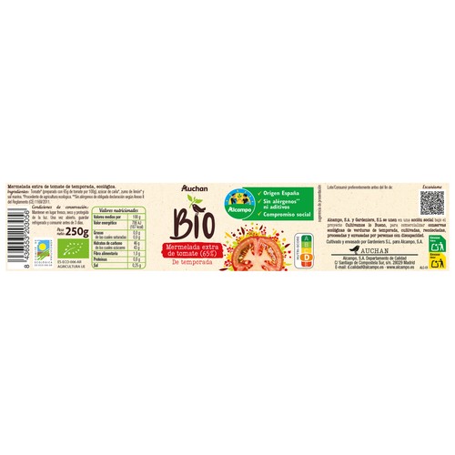 ALCAMPO CULTIVAMOS LO BUENO Bio  Mermelada extra de tomate (65%) de temporada ecológica  250 g.