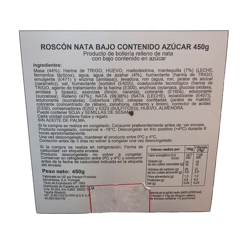 Roscón de Reyes relleno de nata con bajo contenido de azúcar 450 g. 