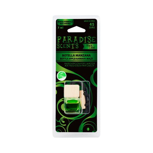 Ambientador coche manzana en frasco colgante decorativo, cordón negro, PARADISE SCENTS.