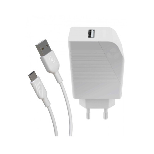 Cargador USB + cable USB a tipo-C MUVIT, 2.4A, longitud 1,2m.