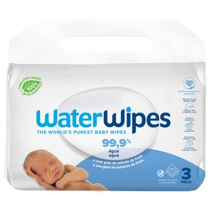Imagen de WATERWIPES Toallitas humedas para bebe con un 99.9% de agua y una gota de extracto de fruta 3 x 60 uds.