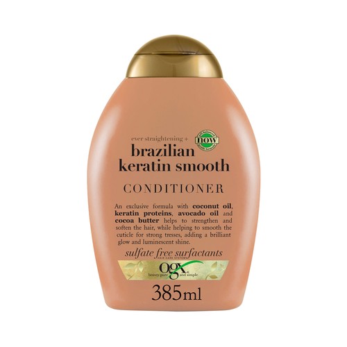 OGX Acondicionador con keratina alisante de Brasil y aceite de coco, para cabellos rizados, ondulados o encrespados 385 ml.
