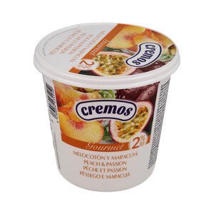 FLOR DE BURGOS Yogur cremoso elaborado sin gluten y con sabor a melocotón y maracuyá FLOR DE BURGOS Gourmet 650 g.