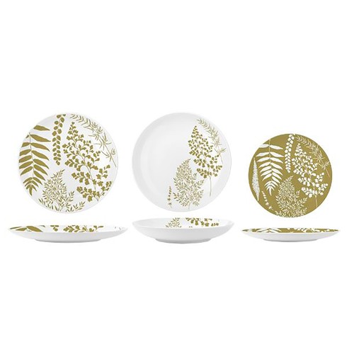Vajilla de porcelana de 18 piezas, diseño de hojas verdes, ALCAMPO.