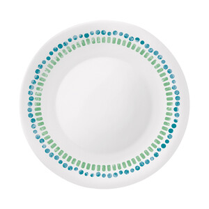 Imagen de Plato llano redondo de vidrio opal color blanco con decoración azul y verde, Mediterraneo BORMIOLI ROCCO.