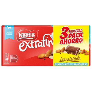Imagen de NESTLÉ Extrafino Chocolate con leche y almendras 3 uds 123 g.
