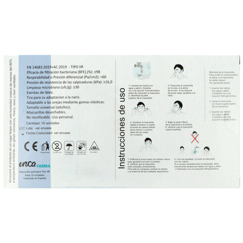 INCA FARMA Mascarillas quirúrgicas desechables (tipo IIR), de color azul INCA FARMA 10 uds.