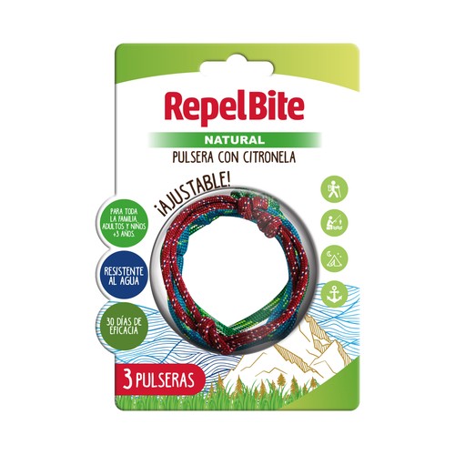 REPEL BITE Pulseras ajustables y resistentes al agua con citronela natural REPEL BITE 3 uds.