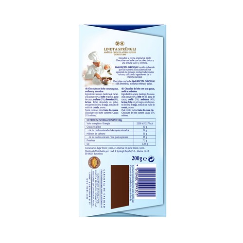 LINDT Chocolate leche, avellanas y pasas 200 g.