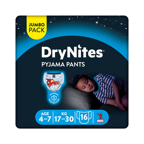 DRYNITES Pañales de noche talla 7 (calzoncillos absorbentes), para niños de 17 a 30 kilogramos y de 4 a 7 años DRYNITES Pijama pants 16 uds.