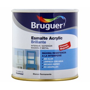 Bote de 0.25 litros de esmalte acrílico decorativo de color blanco y con acabado brillante BRUGUER.