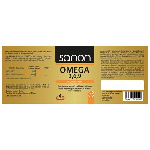 SANON Ácidos grasos esenciales (Omega 3, 6, 9,) 180 cápsulas.