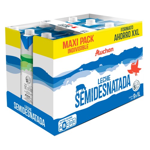 AUCHAN Leche de vaca semidesnatada, Maxi Pack Ahorro XXL 9 x 1 l Producto Alcampo.