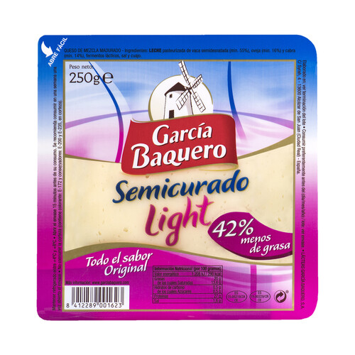 GARCÍA BAQUERO Queso mezcla semicurado light de vaca, cabra y oveja GARCÍA BAQUERO, 250 g.