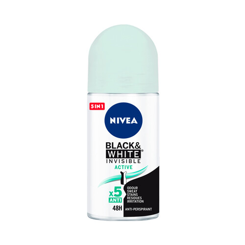 NIVEA Desodorante roll-on para mujer, anti-manchas y eficaz hasta 48 horas NIVEA Black & white invisible active 50 ml.