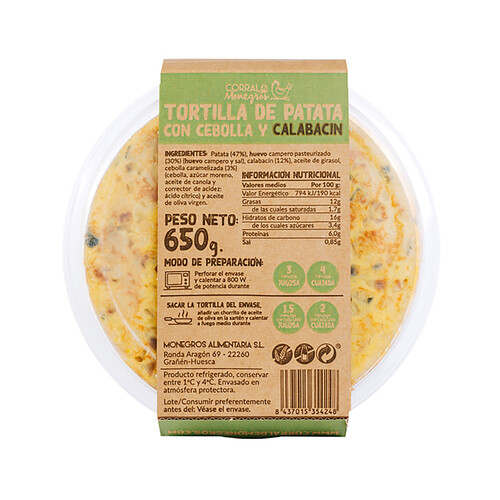CORRAL DE MONEGROS Tortilla fresca de patatas con cebolla y calabacín CORRAL DE MONEGROS 650 g.